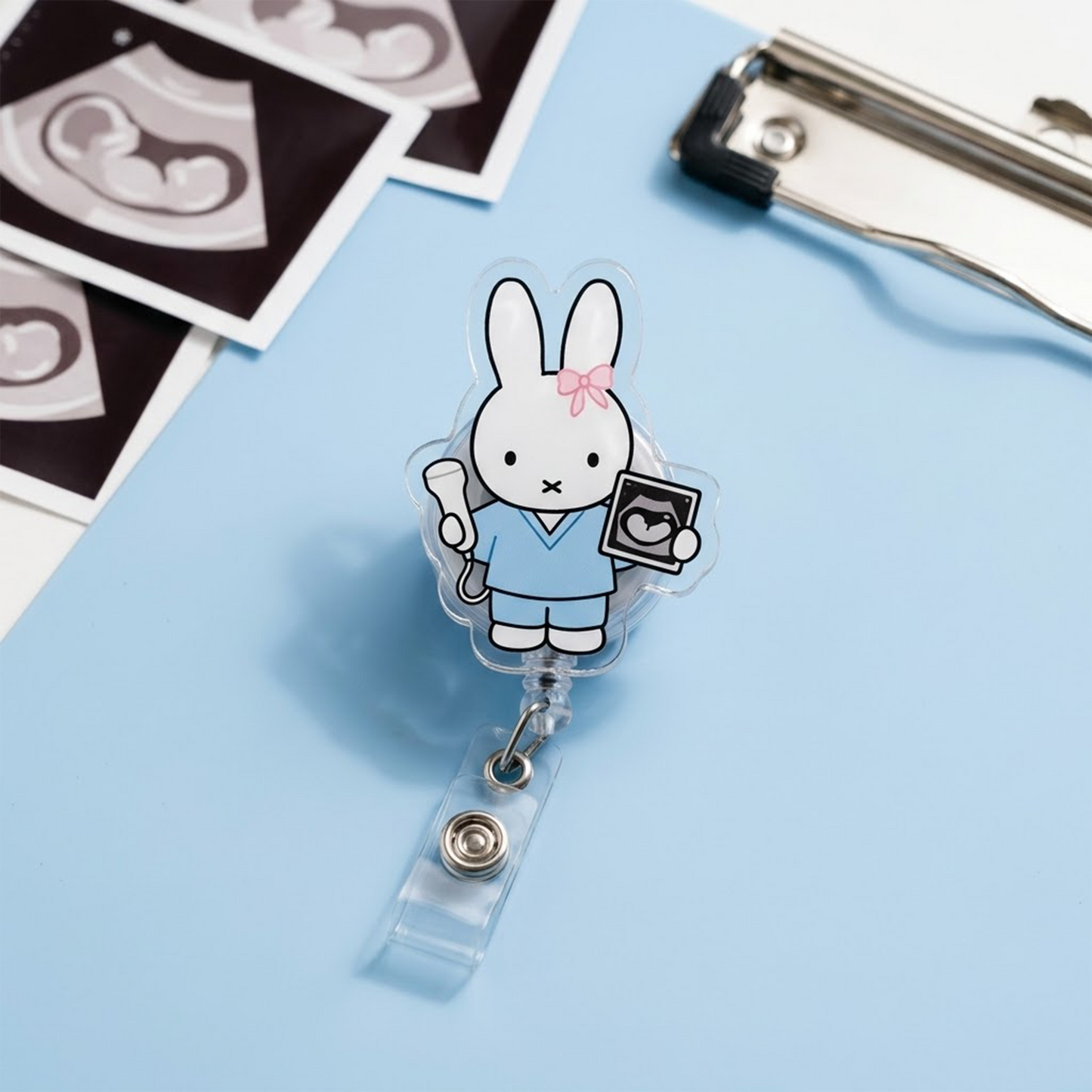 Cute Bunny Medical Badge Reel Set, EMT RN Doctor Ultrasound Nurse Retractable ID Holder, Healthcare Badge Clip Gift