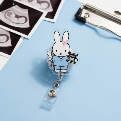 Cute Bunny Medical Badge Reel Set, EMT RN Doctor Ultrasound Nurse Retractable ID Holder, Healthcare Badge Clip Gift