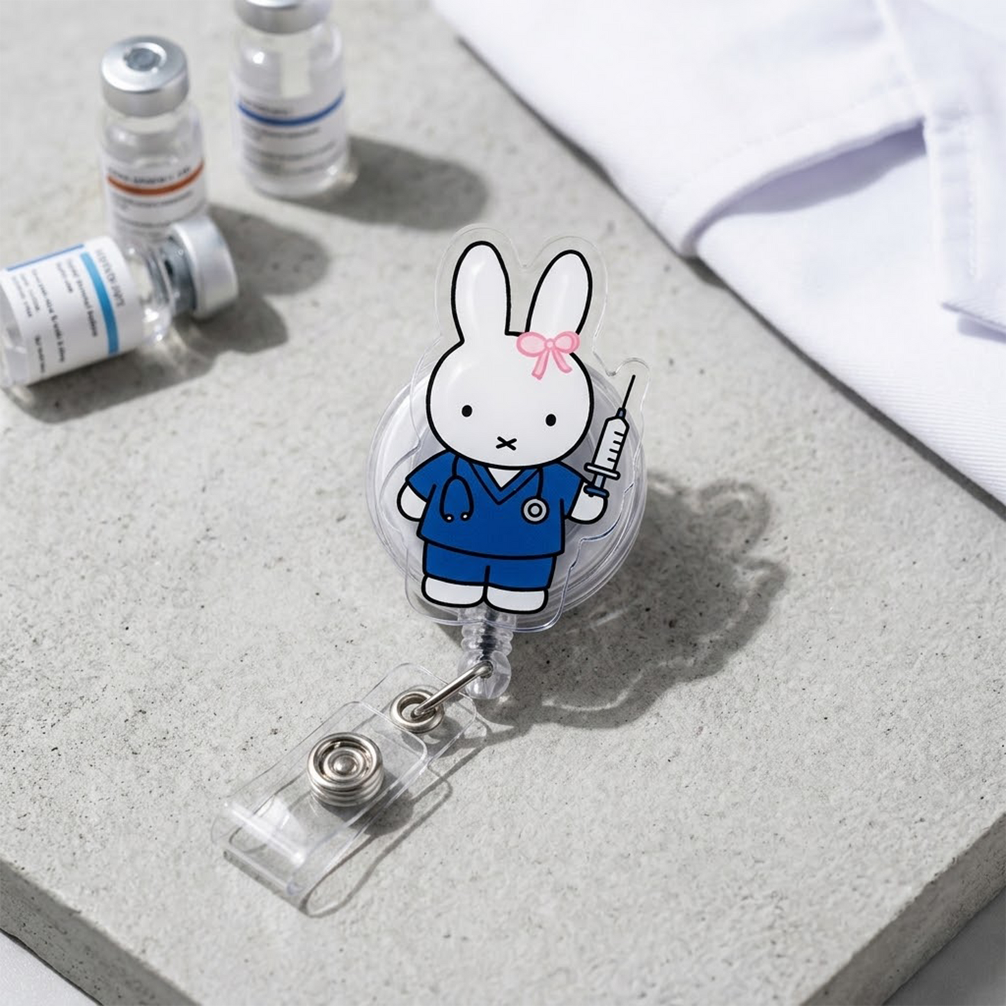 Cute Bunny Medical Badge Reel Set, EMT RN Doctor Ultrasound Nurse Retractable ID Holder, Healthcare Badge Clip Gift