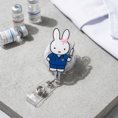 Cute Bunny Medical Badge Reel Set, EMT RN Doctor Ultrasound Nurse Retractable ID Holder, Healthcare Badge Clip Gift