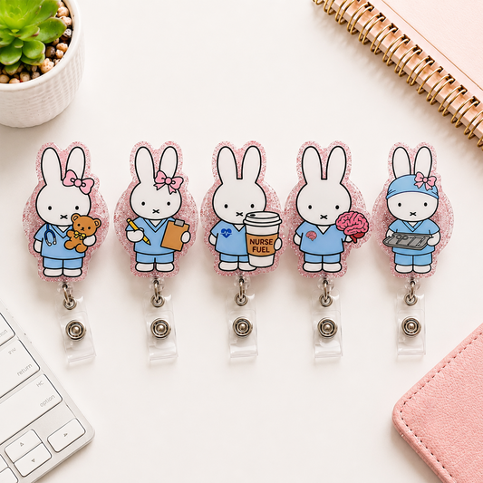 Kawaii Bunny Nurse Badge Reel, Cute Rabbit Badge Holder, Acrylic Retractable ID Badge, RN CNA Medical Staff Gift