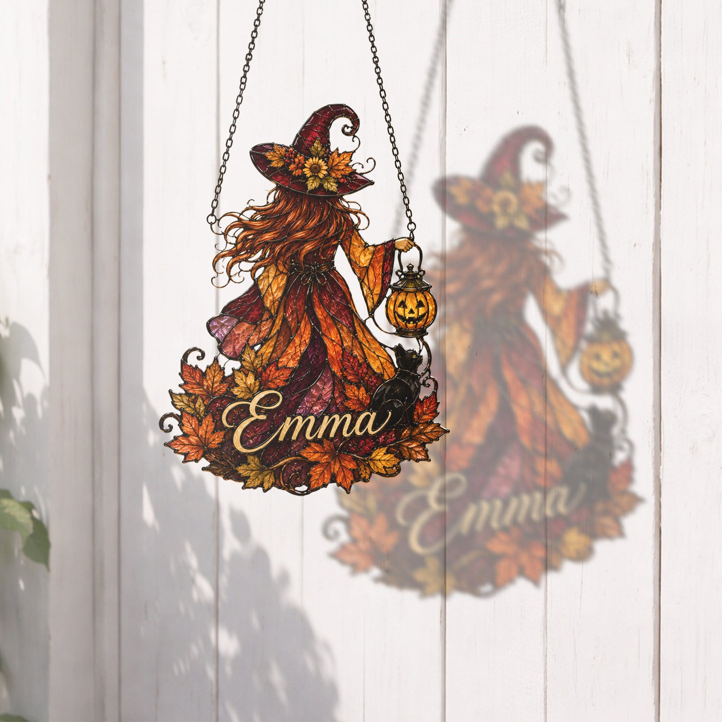 Personalized Witch Suncatcher, Custom Name Fall Window Hanging, Halloween Stained Glass Style Decor, Autumn Witch Gift