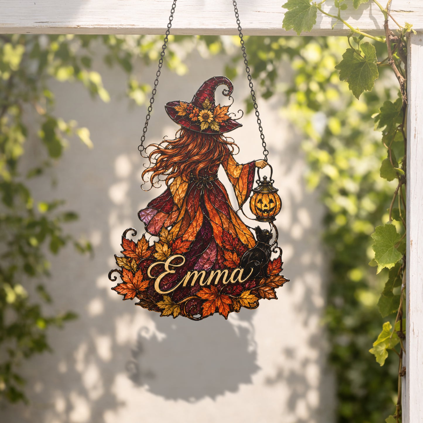 Personalized Witch Suncatcher, Custom Name Fall Window Hanging, Halloween Stained Glass Style Decor, Autumn Witch Gift