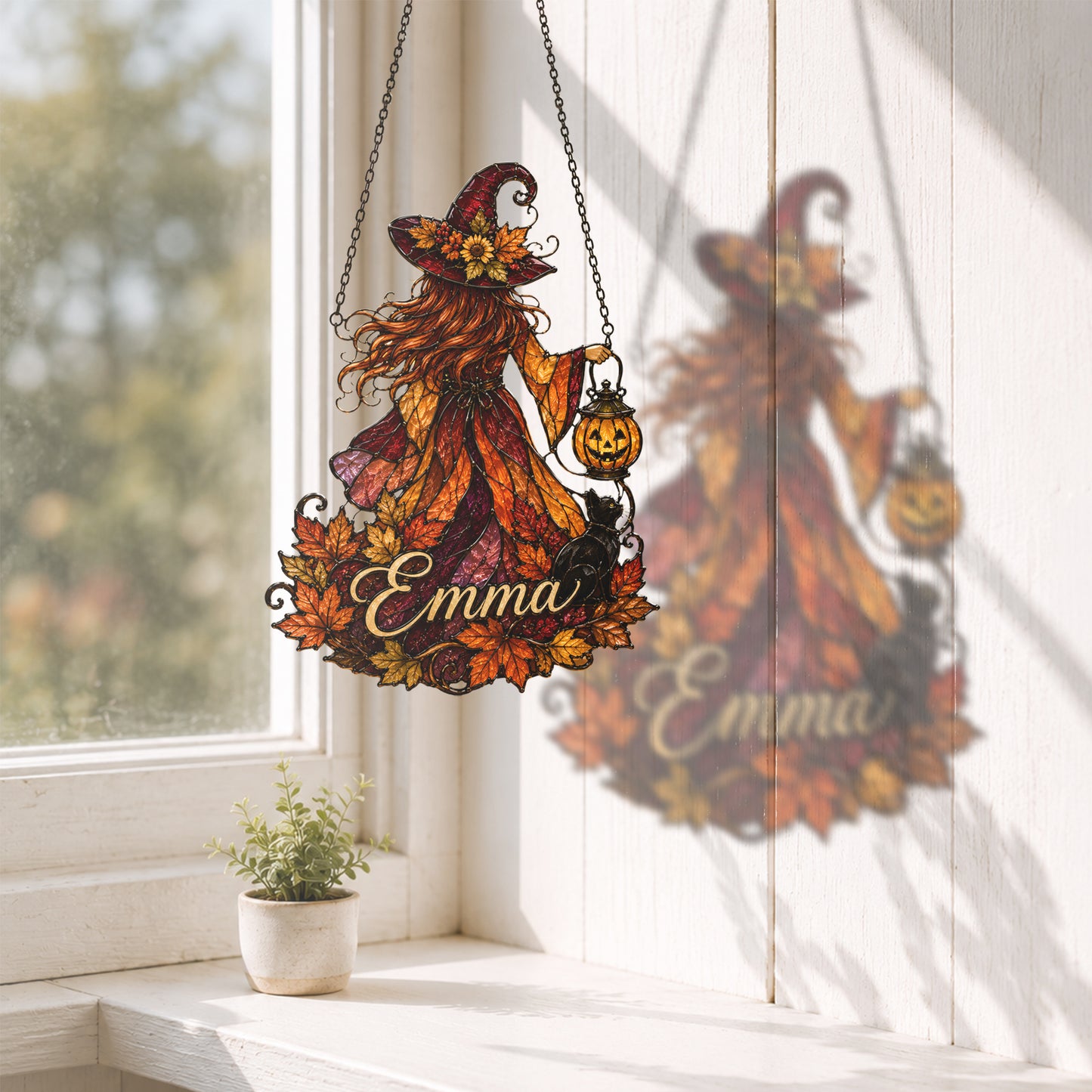 Personalized Witch Suncatcher, Custom Name Fall Window Hanging, Halloween Stained Glass Style Decor, Autumn Witch Gift