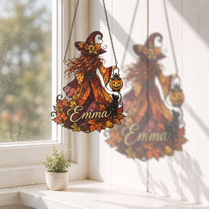 Personalized Witch Suncatcher, Custom Name Fall Window Hanging, Halloween Stained Glass Style Decor, Autumn Witch Gift