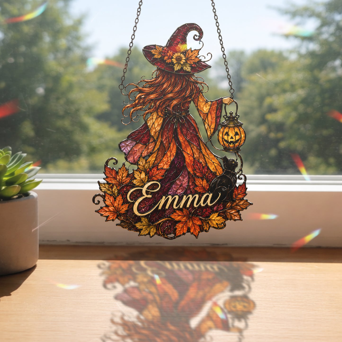 Personalized Witch Suncatcher, Custom Name Fall Window Hanging, Halloween Stained Glass Style Decor, Autumn Witch Gift