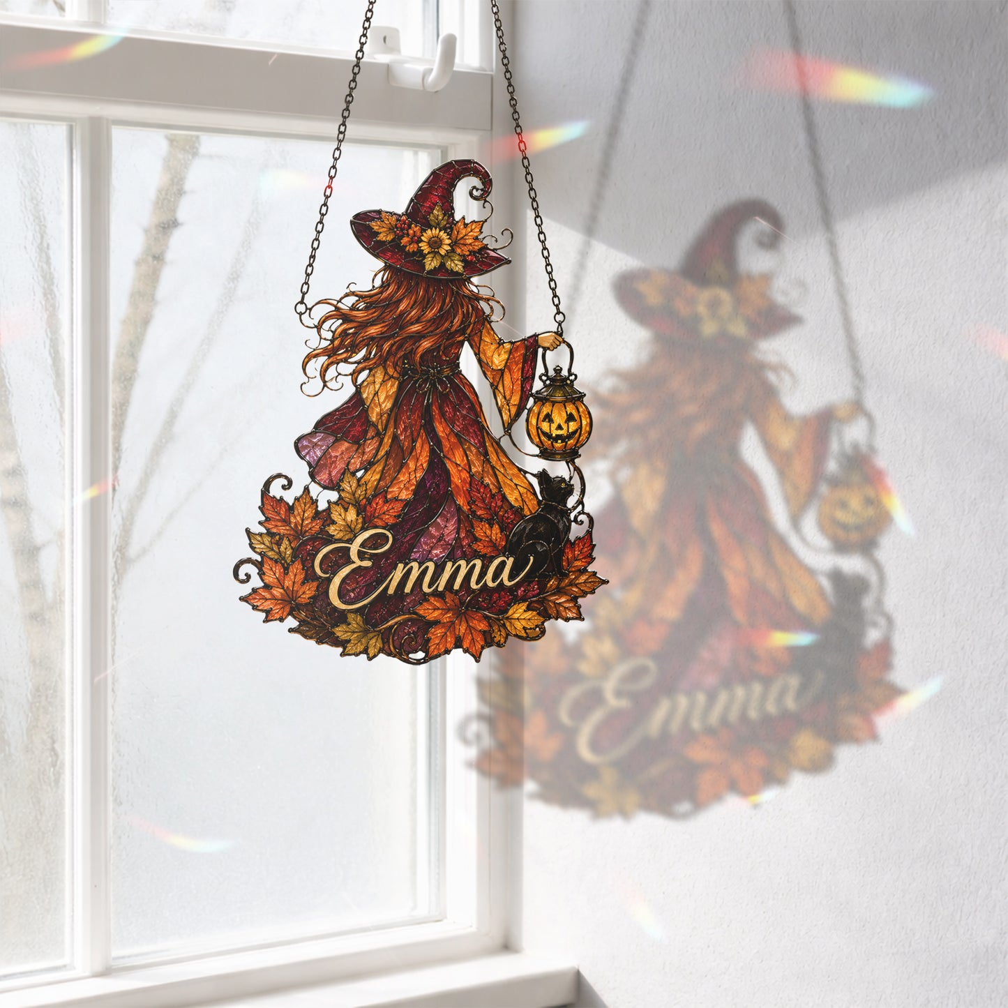 Personalized Witch Suncatcher, Custom Name Fall Window Hanging, Halloween Stained Glass Style Decor, Autumn Witch Gift