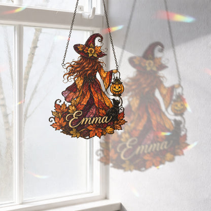 Personalized Witch Suncatcher, Custom Name Fall Window Hanging, Halloween Stained Glass Style Decor, Autumn Witch Gift