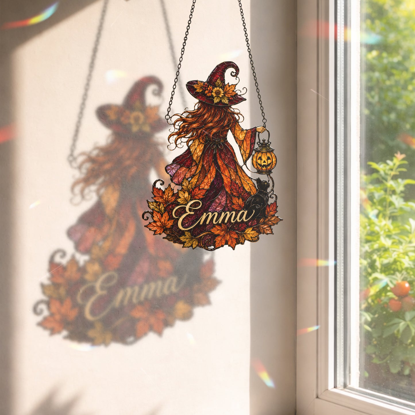 Personalized Witch Suncatcher, Custom Name Fall Window Hanging, Halloween Stained Glass Style Decor, Autumn Witch Gift