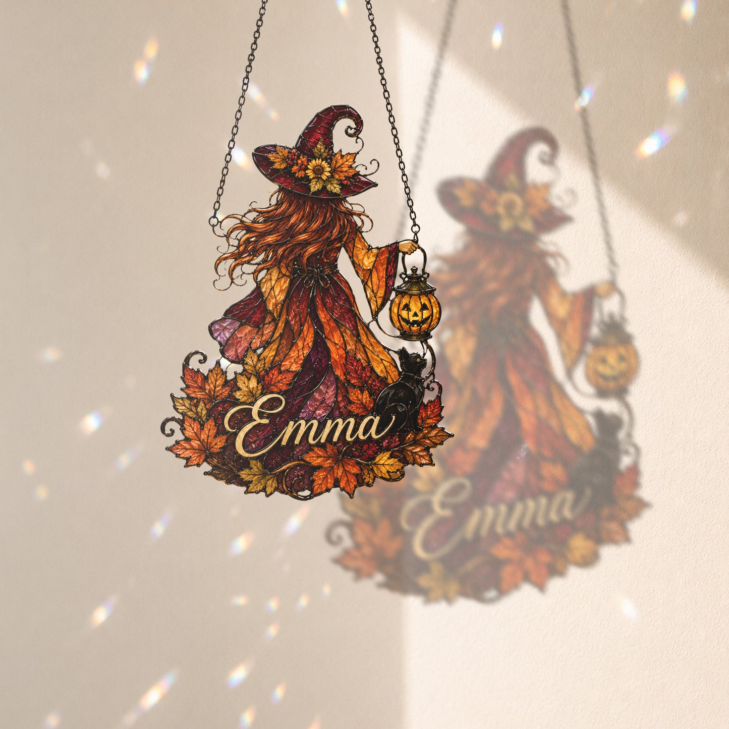 Personalized Witch Suncatcher, Custom Name Fall Window Hanging, Halloween Stained Glass Style Decor, Autumn Witch Gift