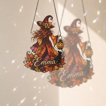 Personalized Witch Suncatcher, Custom Name Fall Window Hanging, Halloween Stained Glass Style Decor, Autumn Witch Gift
