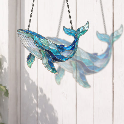 Whale Suncatcher, Blue Stained Glass Window Hanging, Ocean Coastal Decor, Humpback Whale Gift, Sea Lover Sun Catcher
