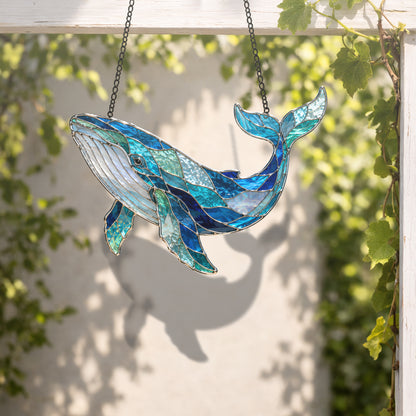 Whale Suncatcher, Blue Stained Glass Window Hanging, Ocean Coastal Decor, Humpback Whale Gift, Sea Lover Sun Catcher