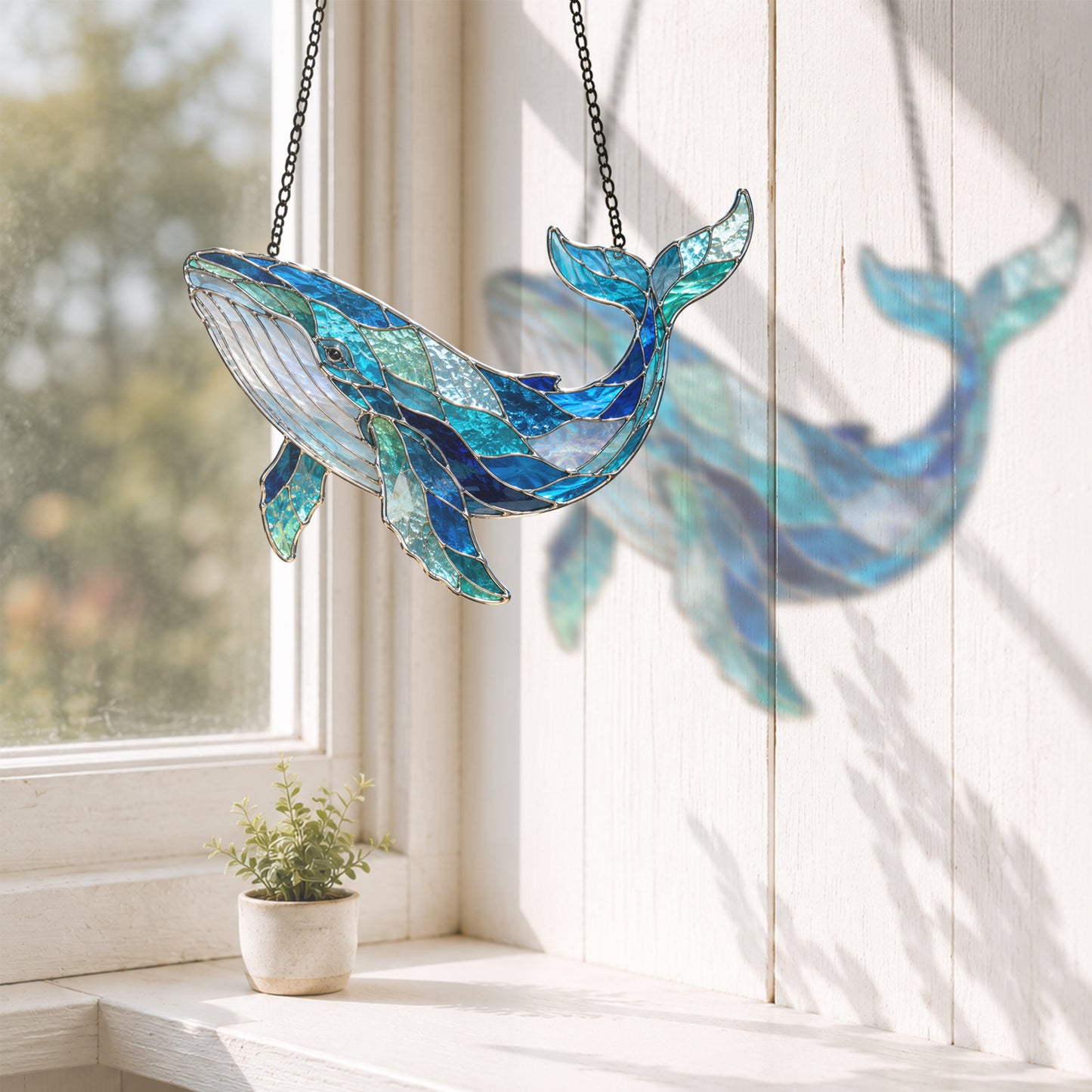 Whale Suncatcher, Blue Stained Glass Window Hanging, Ocean Coastal Decor, Humpback Whale Gift, Sea Lover Sun Catcher