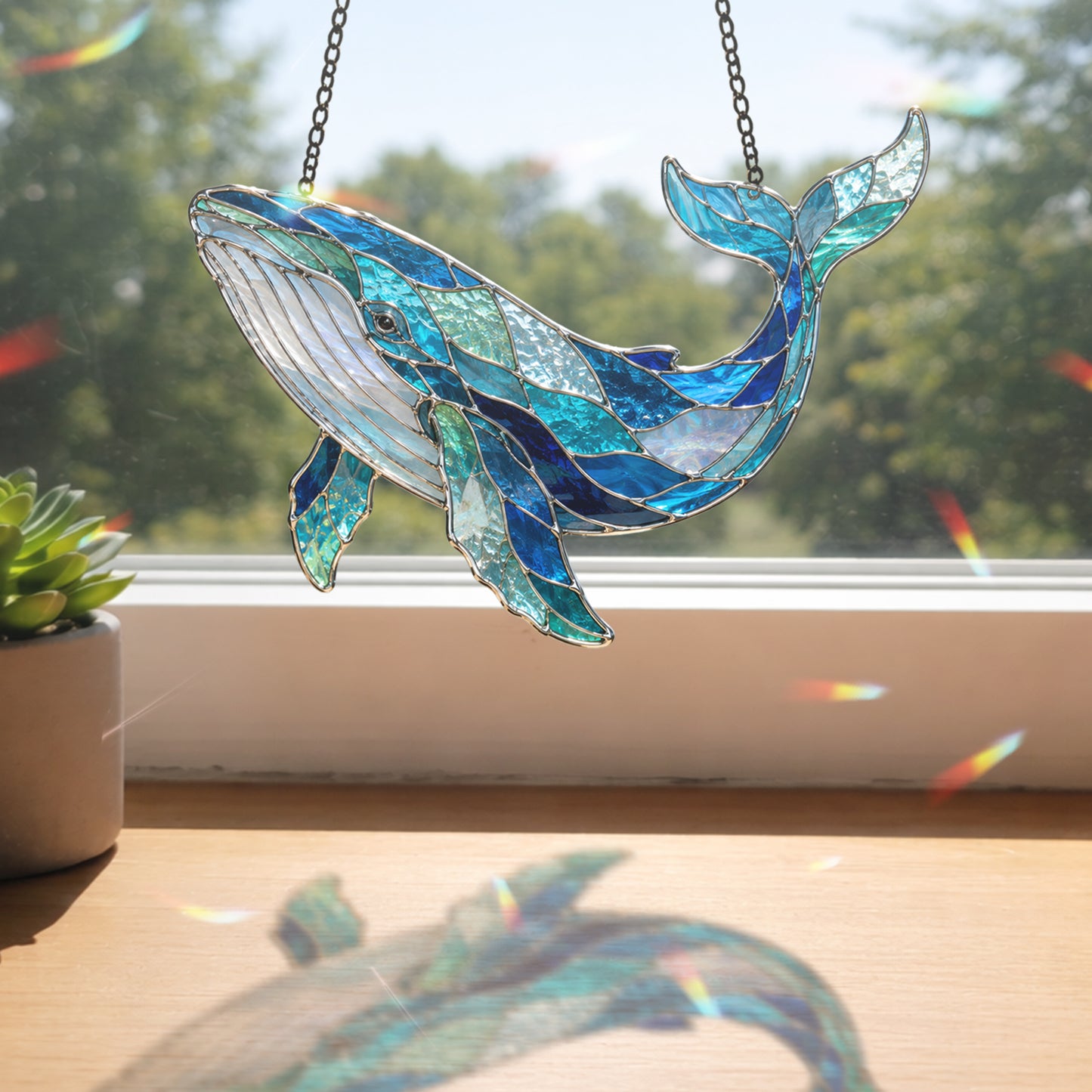 Whale Suncatcher, Blue Stained Glass Window Hanging, Ocean Coastal Decor, Humpback Whale Gift, Sea Lover Sun Catcher