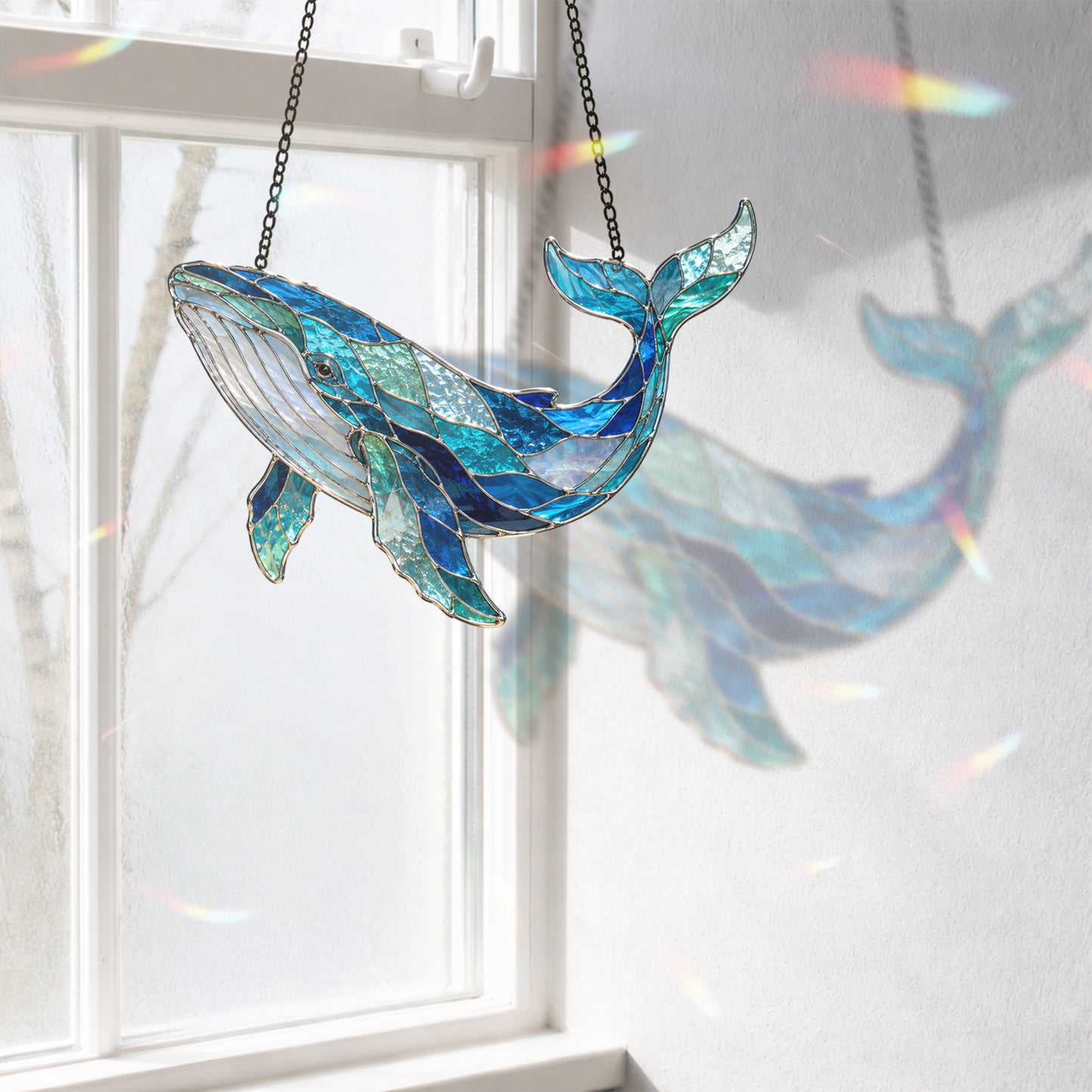 Whale Suncatcher, Blue Stained Glass Window Hanging, Ocean Coastal Decor, Humpback Whale Gift, Sea Lover Sun Catcher