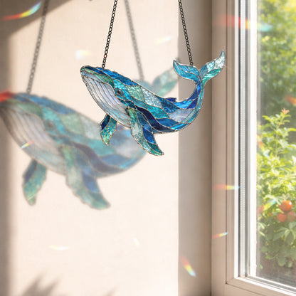 Whale Suncatcher, Blue Stained Glass Window Hanging, Ocean Coastal Decor, Humpback Whale Gift, Sea Lover Sun Catcher
