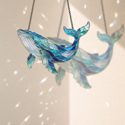 Whale Suncatcher, Blue Stained Glass Window Hanging, Ocean Coastal Decor, Humpback Whale Gift, Sea Lover Sun Catcher