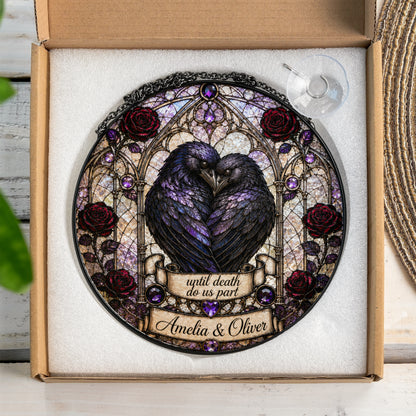 Personalized Raven Couple Suncatcher, Custom Names Gothic Stained Glass Window Hanging, Until Death Do Us Part Wedding Gift