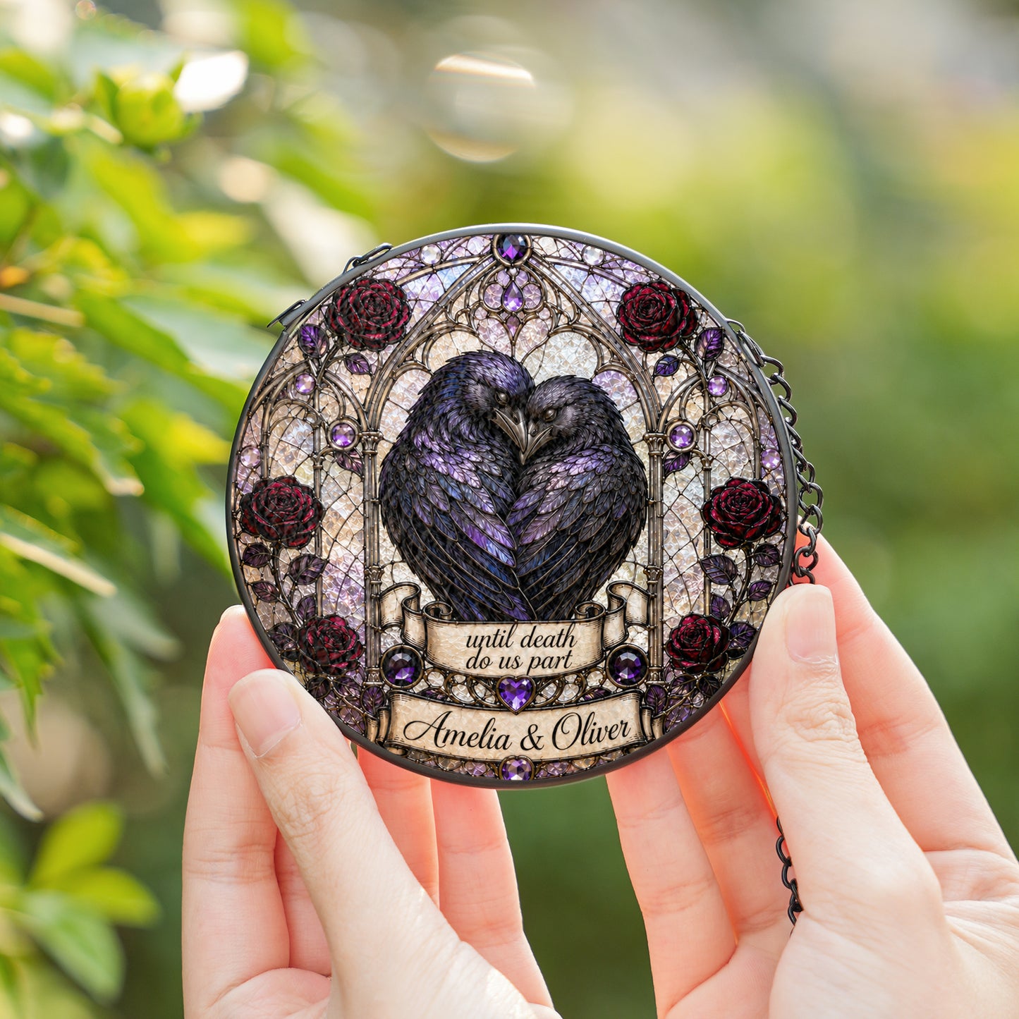 Personalized Raven Couple Suncatcher, Custom Names Gothic Stained Glass Window Hanging, Until Death Do Us Part Wedding Gift