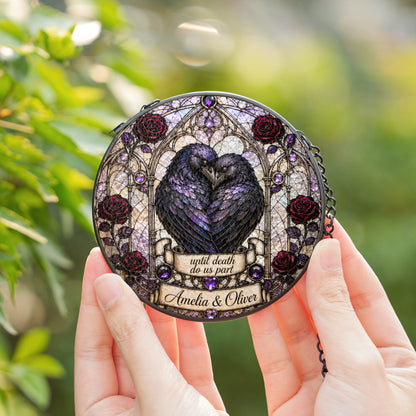 Personalized Raven Couple Suncatcher, Custom Names Gothic Stained Glass Window Hanging, Until Death Do Us Part Wedding Gift