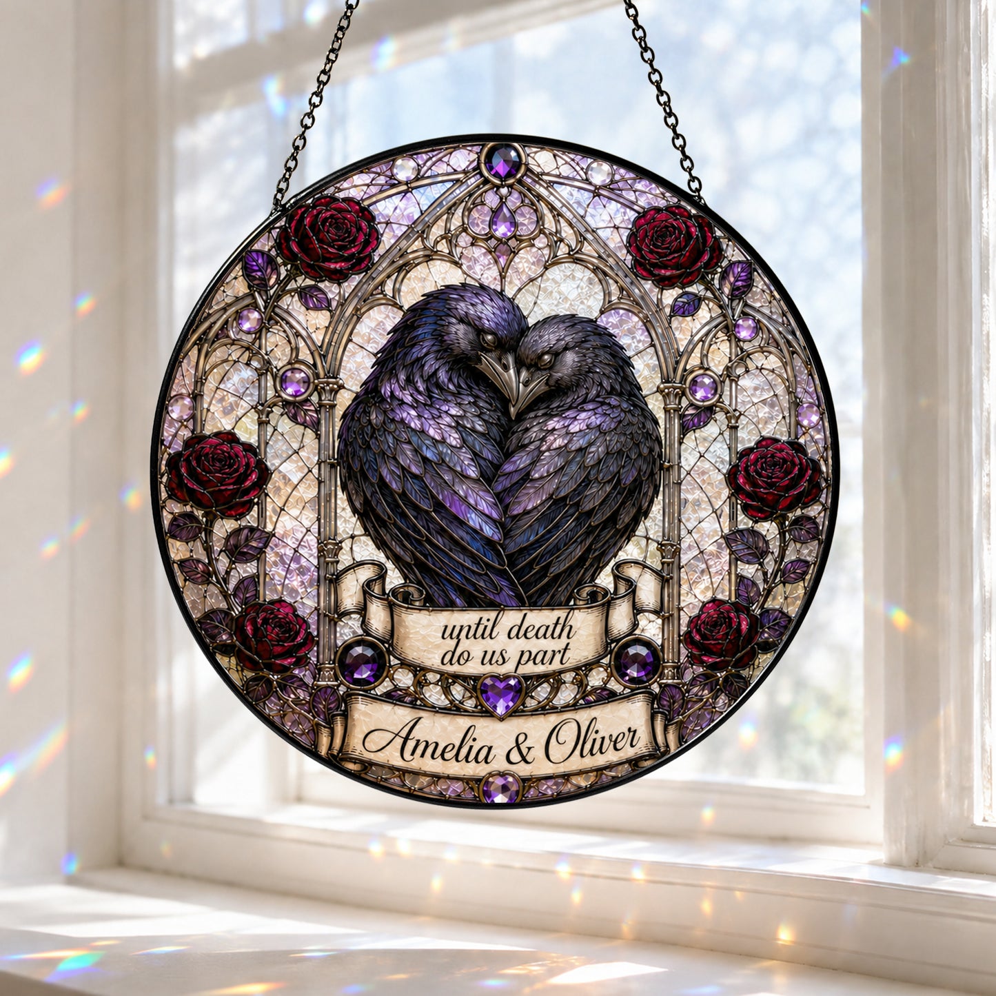 Personalized Raven Couple Suncatcher, Custom Names Gothic Stained Glass Window Hanging, Until Death Do Us Part Wedding Gift