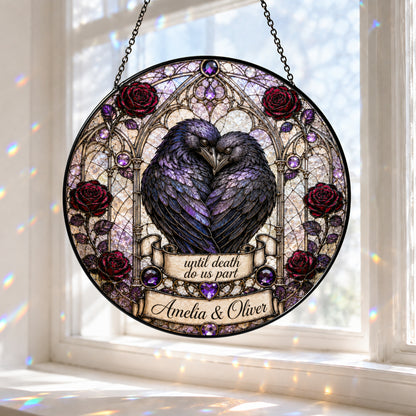Personalized Raven Couple Suncatcher, Custom Names Gothic Stained Glass Window Hanging, Until Death Do Us Part Wedding Gift
