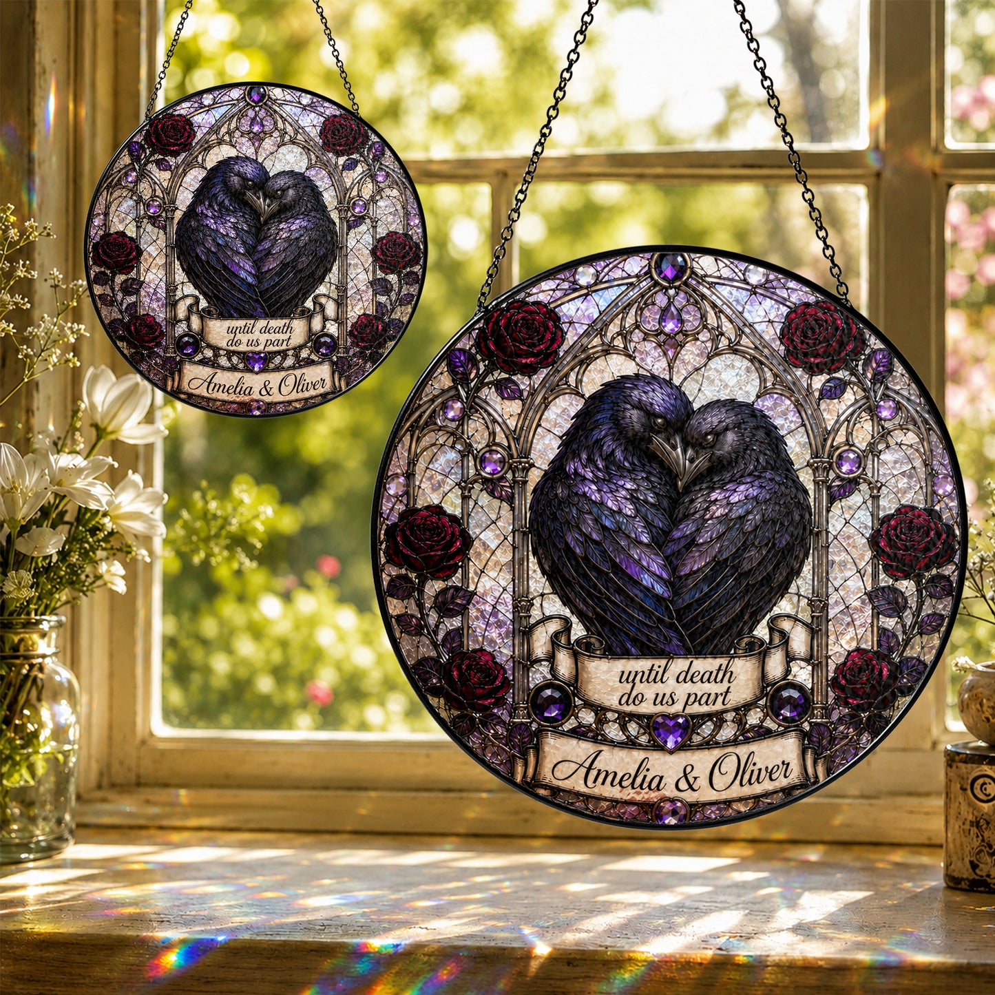 Personalized Raven Couple Suncatcher, Custom Names Gothic Stained Glass Window Hanging, Until Death Do Us Part Wedding Gift