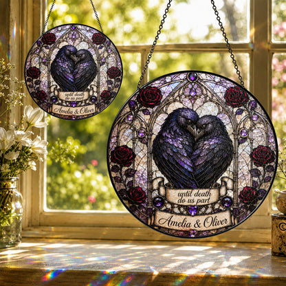 Personalized Raven Couple Suncatcher, Custom Names Gothic Stained Glass Window Hanging, Until Death Do Us Part Wedding Gift