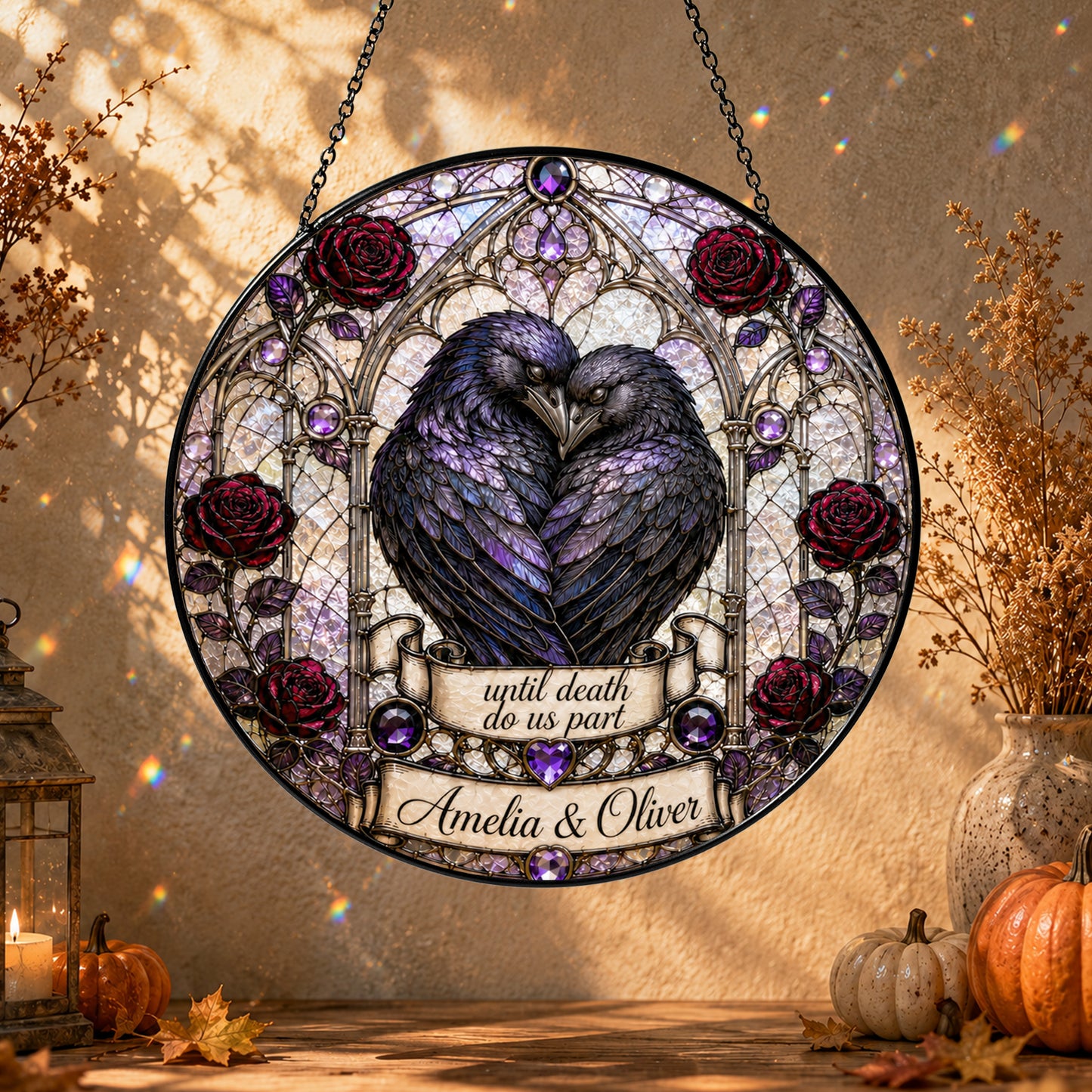Personalized Raven Couple Suncatcher, Custom Names Gothic Stained Glass Window Hanging, Until Death Do Us Part Wedding Gift