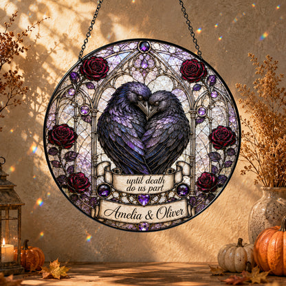 Personalized Raven Couple Suncatcher, Custom Names Gothic Stained Glass Window Hanging, Until Death Do Us Part Wedding Gift