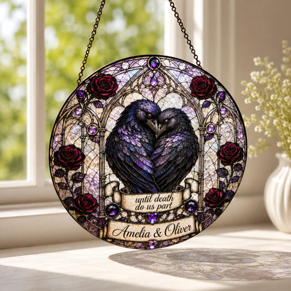 Personalized Raven Couple Suncatcher, Custom Names Gothic Stained Glass Window Hanging, Until Death Do Us Part Wedding Gift