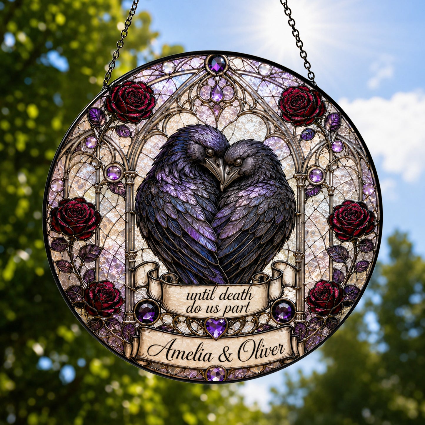 Personalized Raven Couple Suncatcher, Custom Names Gothic Stained Glass Window Hanging, Until Death Do Us Part Wedding Gift