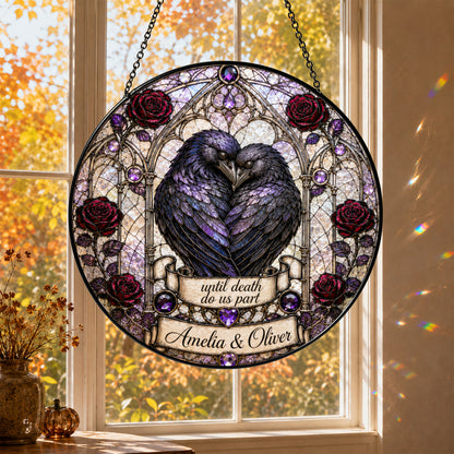 Personalized Raven Couple Suncatcher, Custom Names Gothic Stained Glass Window Hanging, Until Death Do Us Part Wedding Gift