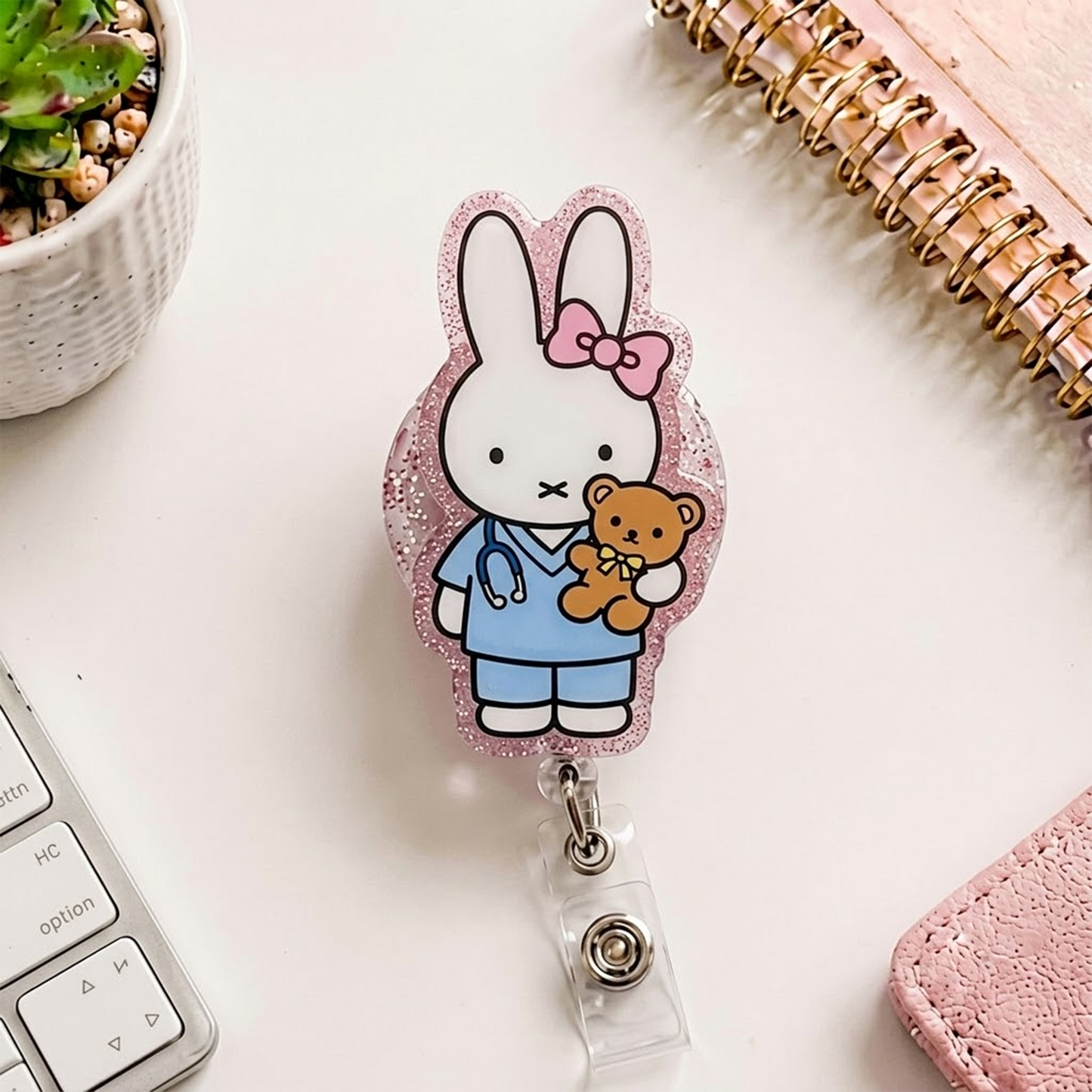 Kawaii Bunny Nurse Badge Reel, Cute Rabbit Badge Holder, Acrylic Retractable ID Badge, RN CNA Medical Staff Gift