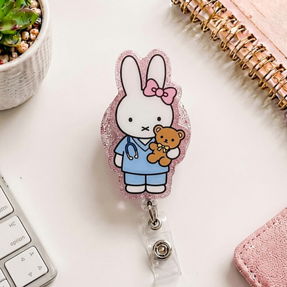 Kawaii Bunny Nurse Badge Reel, Cute Rabbit Badge Holder, Acrylic Retractable ID Badge, RN CNA Medical Staff Gift