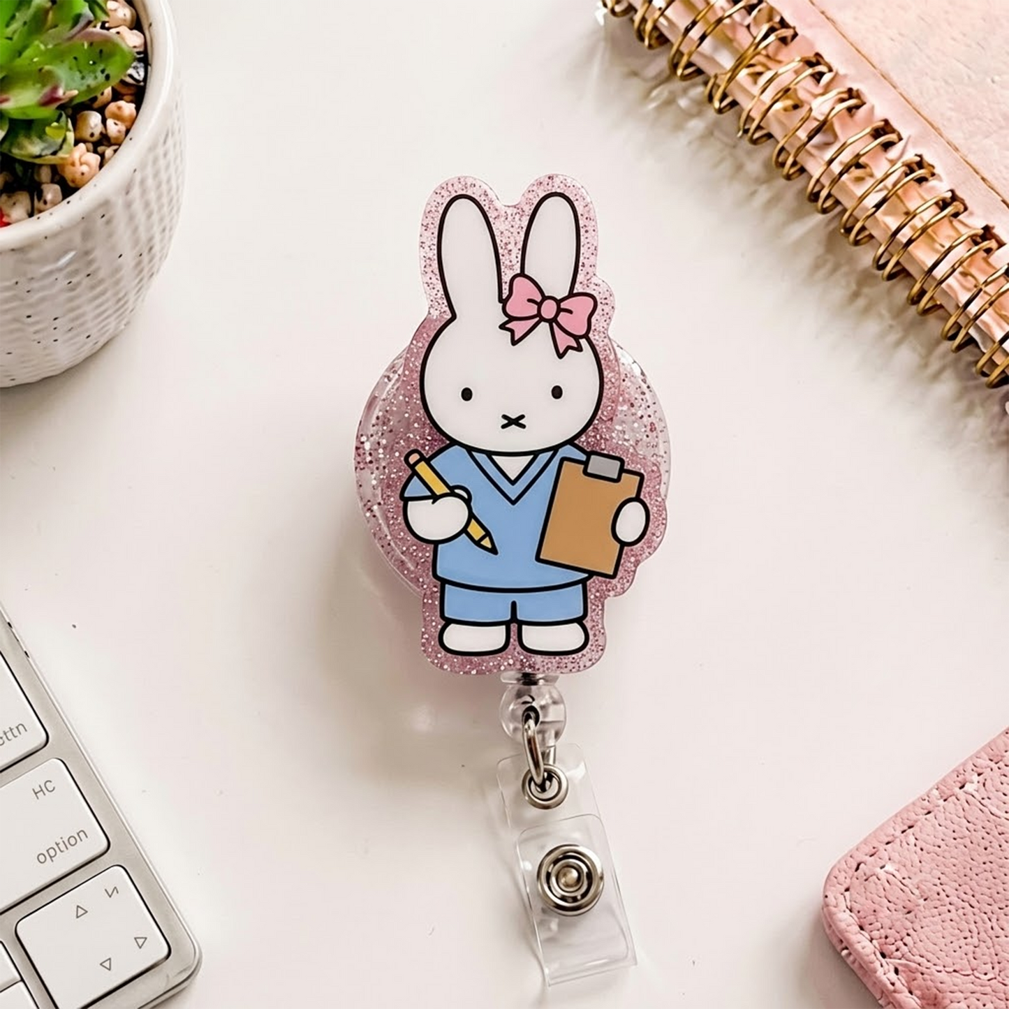 Kawaii Bunny Nurse Badge Reel, Cute Rabbit Badge Holder, Acrylic Retractable ID Badge, RN CNA Medical Staff Gift