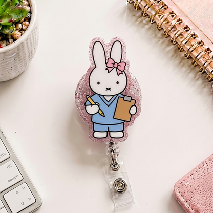 Kawaii Bunny Nurse Badge Reel, Cute Rabbit Badge Holder, Acrylic Retractable ID Badge, RN CNA Medical Staff Gift
