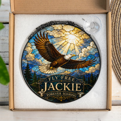 Fly Free Jackie Stained Glass Suncatcher, Jackie the Eagle Tribute Window Hanging, Big Bear Eagle Gift, Bald Eagle Memorial Ornament