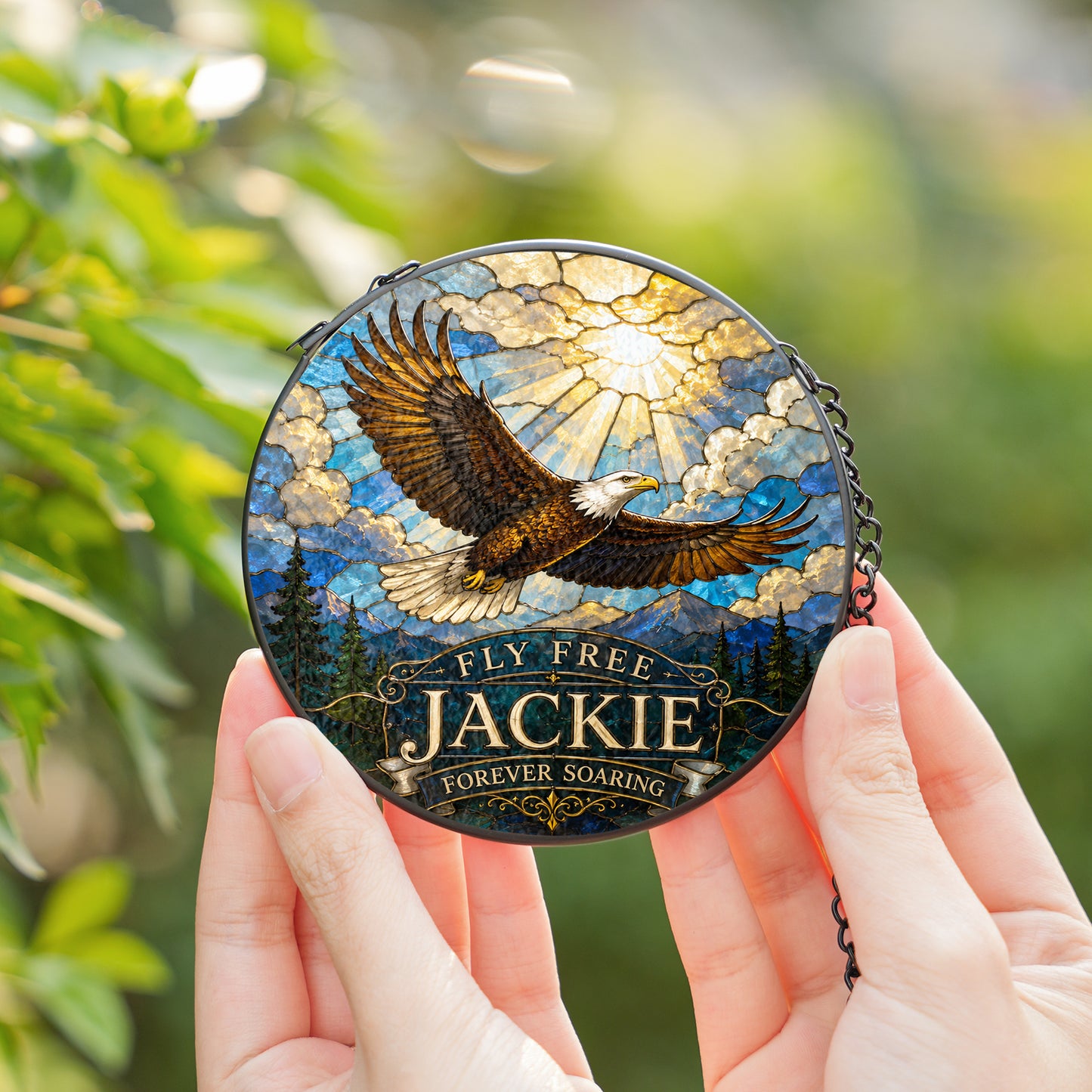 Fly Free Jackie Stained Glass Suncatcher, Jackie the Eagle Tribute Window Hanging, Big Bear Eagle Gift, Bald Eagle Memorial Ornament