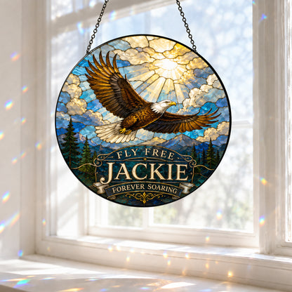 Fly Free Jackie Stained Glass Suncatcher, Jackie the Eagle Tribute Window Hanging, Big Bear Eagle Gift, Bald Eagle Memorial Ornament