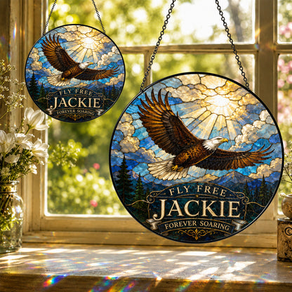 Fly Free Jackie Stained Glass Suncatcher, Jackie the Eagle Tribute Window Hanging, Big Bear Eagle Gift, Bald Eagle Memorial Ornament