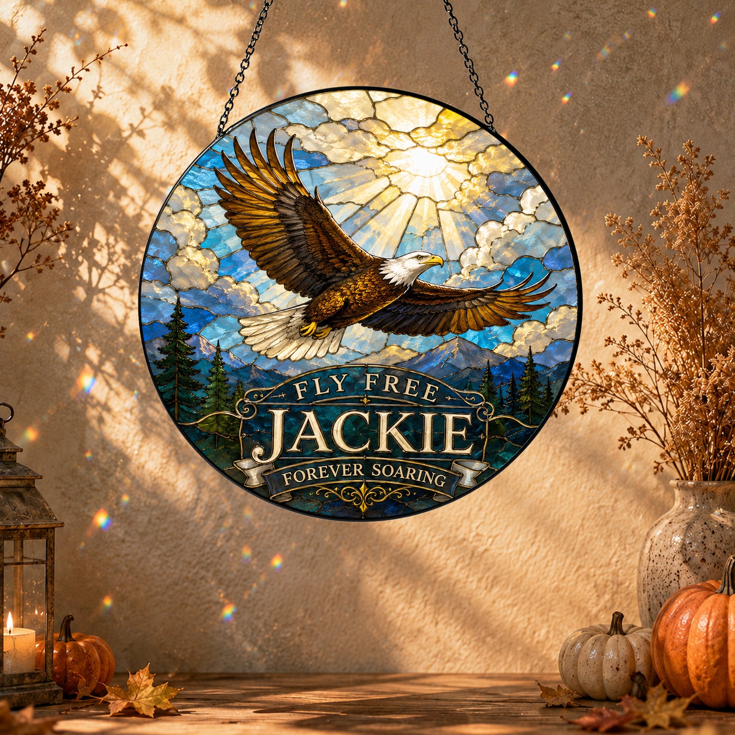 Fly Free Jackie Stained Glass Suncatcher, Jackie the Eagle Tribute Window Hanging, Big Bear Eagle Gift, Bald Eagle Memorial Ornament