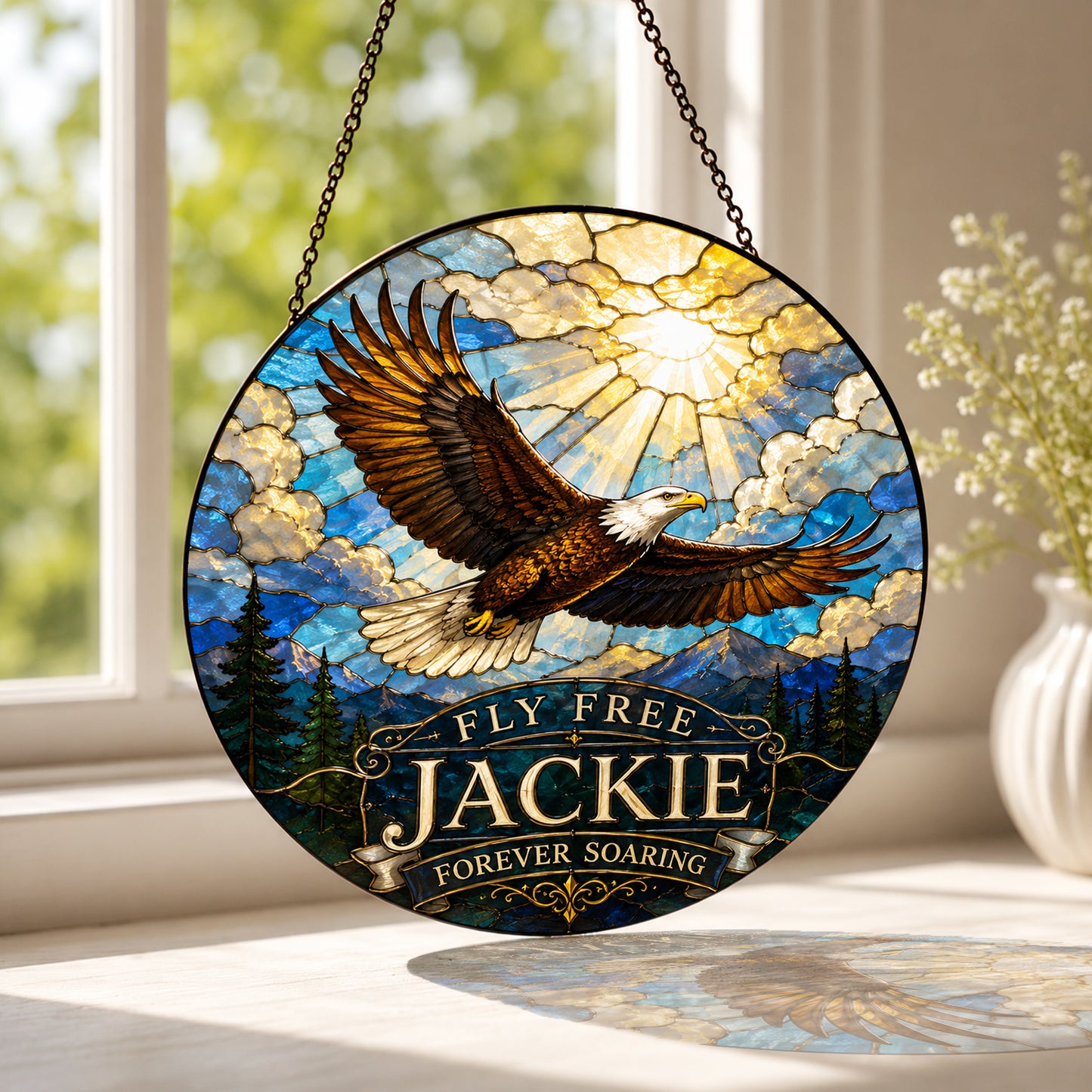 Fly Free Jackie Stained Glass Suncatcher, Jackie the Eagle Tribute Window Hanging, Big Bear Eagle Gift, Bald Eagle Memorial Ornament