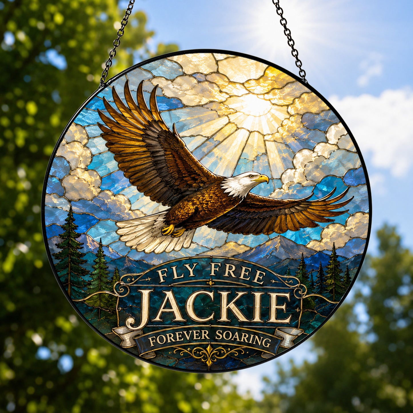 Fly Free Jackie Stained Glass Suncatcher, Jackie the Eagle Tribute Window Hanging, Big Bear Eagle Gift, Bald Eagle Memorial Ornament