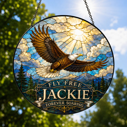Fly Free Jackie Stained Glass Suncatcher, Jackie the Eagle Tribute Window Hanging, Big Bear Eagle Gift, Bald Eagle Memorial Ornament