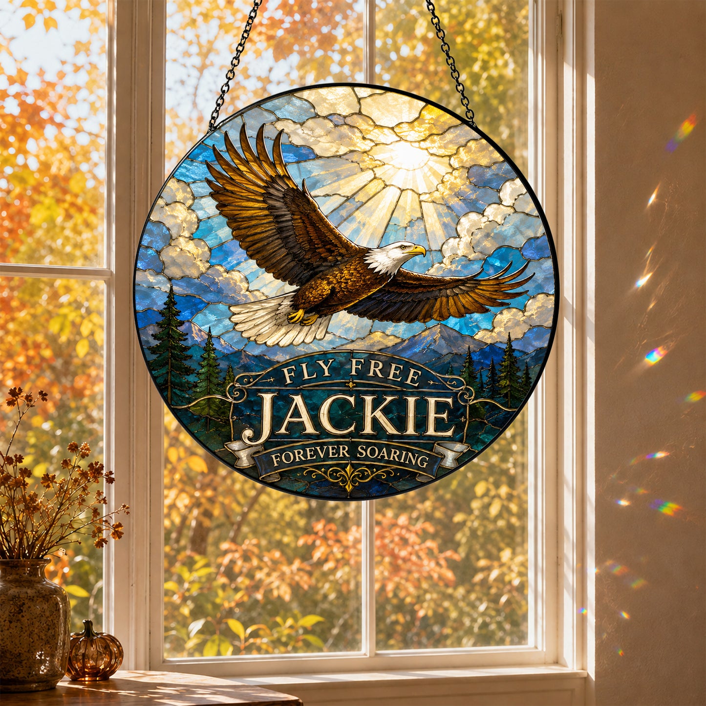 Fly Free Jackie Stained Glass Suncatcher, Jackie the Eagle Tribute Window Hanging, Big Bear Eagle Gift, Bald Eagle Memorial Ornament