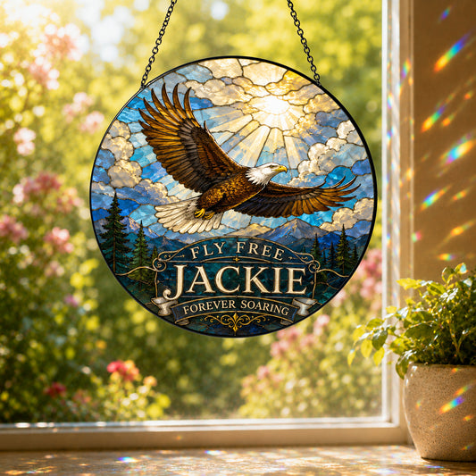 Fly Free Jackie Stained Glass Suncatcher, Jackie the Eagle Tribute Window Hanging, Big Bear Eagle Gift, Bald Eagle Memorial Ornament
