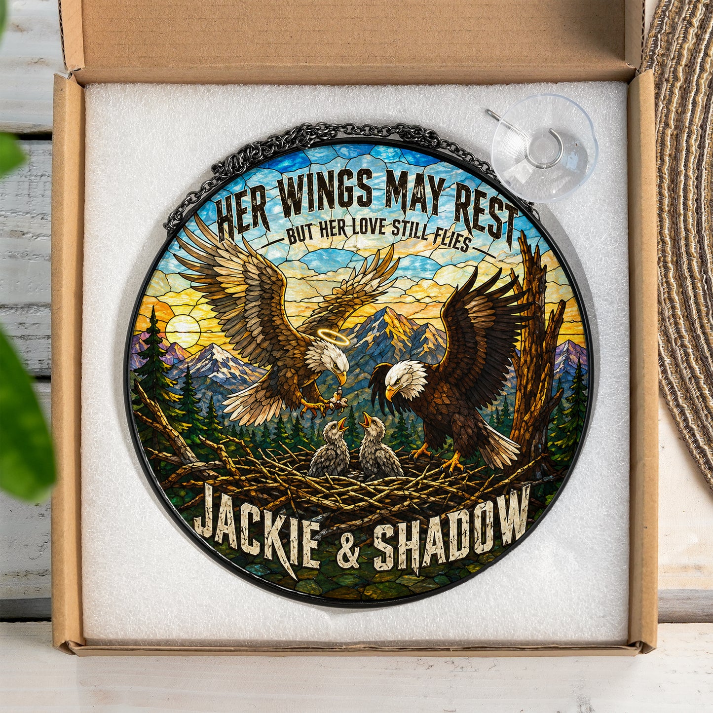 Jackie & Shadow Eagle Suncatcher, Fly Free Jackie Memorial, Bald Eagle Stained Glass Window Hanging, Big Bear Lake Tribute