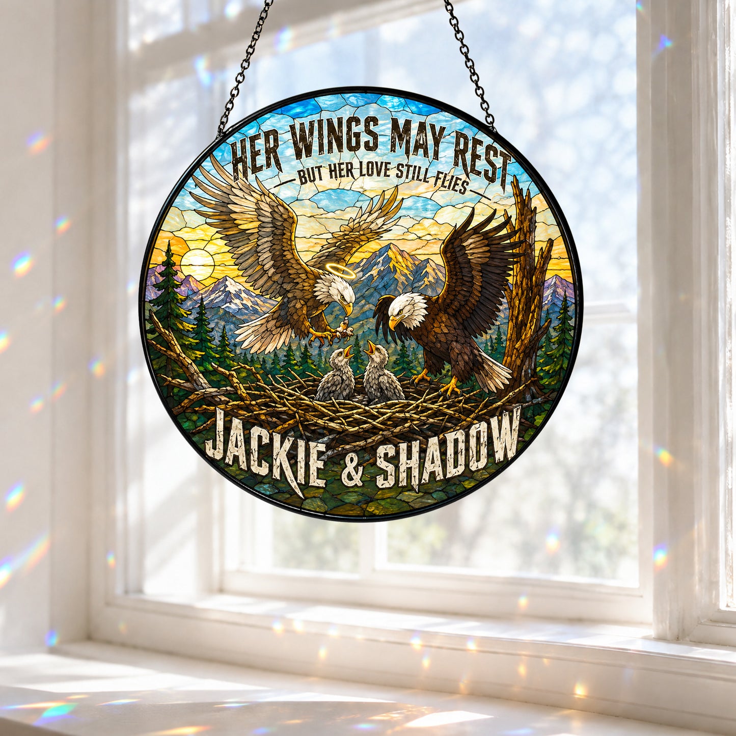 Jackie & Shadow Eagle Suncatcher, Fly Free Jackie Memorial, Bald Eagle Stained Glass Window Hanging, Big Bear Lake Tribute